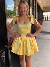 Gorgeous Satin Yellow Beaded Bow TieStraps A-line Short Mini Dress Homecoming Dress